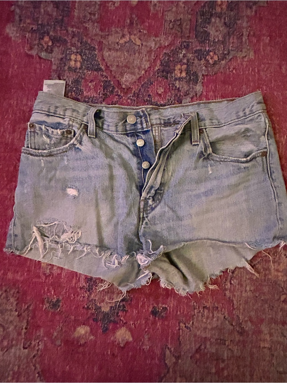Distressed High-Rise Denim Shorts - Light Blue